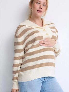 Hatch White and Tan Striped Cotton Cashmere Blend Jo Sweater